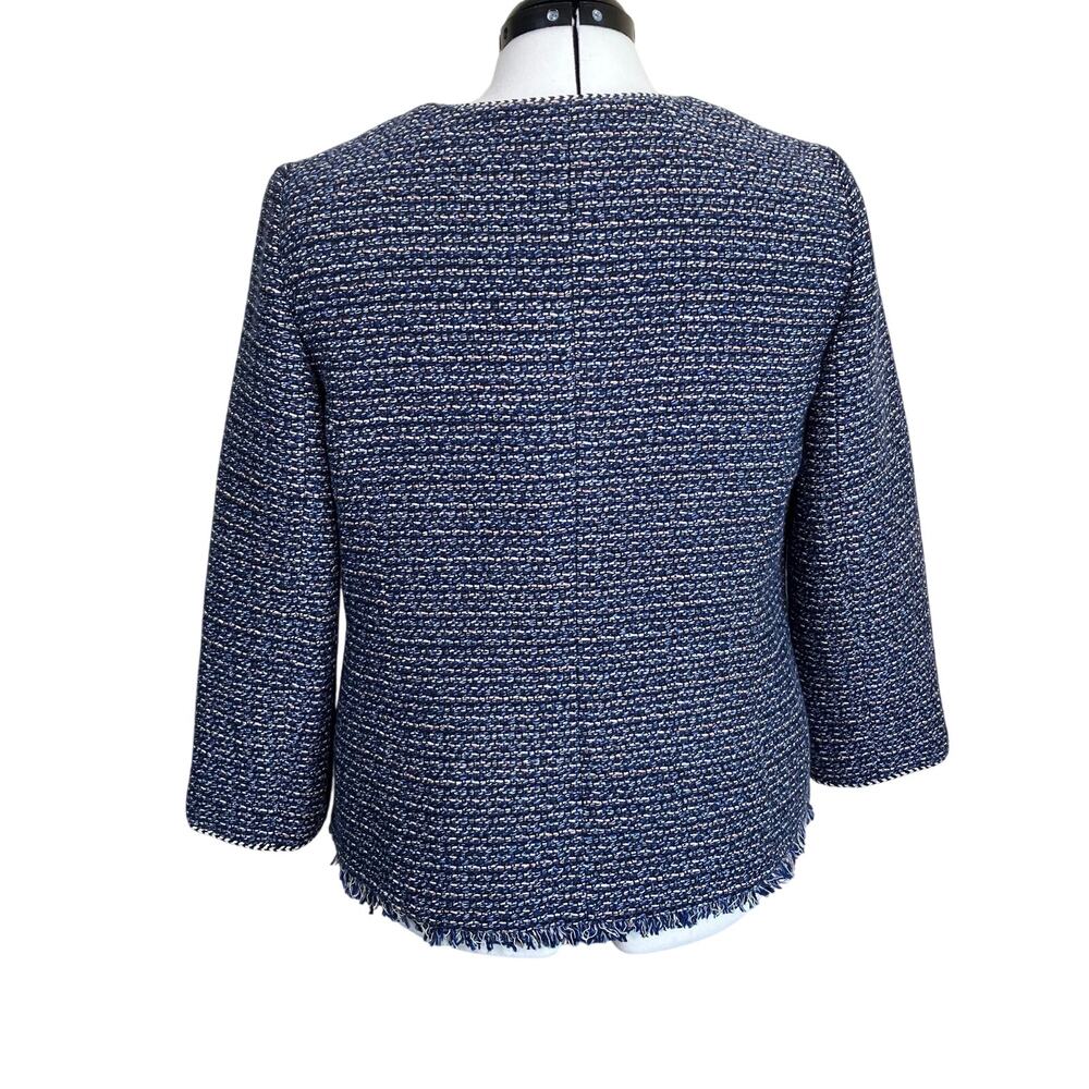 Talbots Sz 12 Airy Tweed Woven Jacket Open Front Fringe Trim Navy Classic - Picture 9 of 16